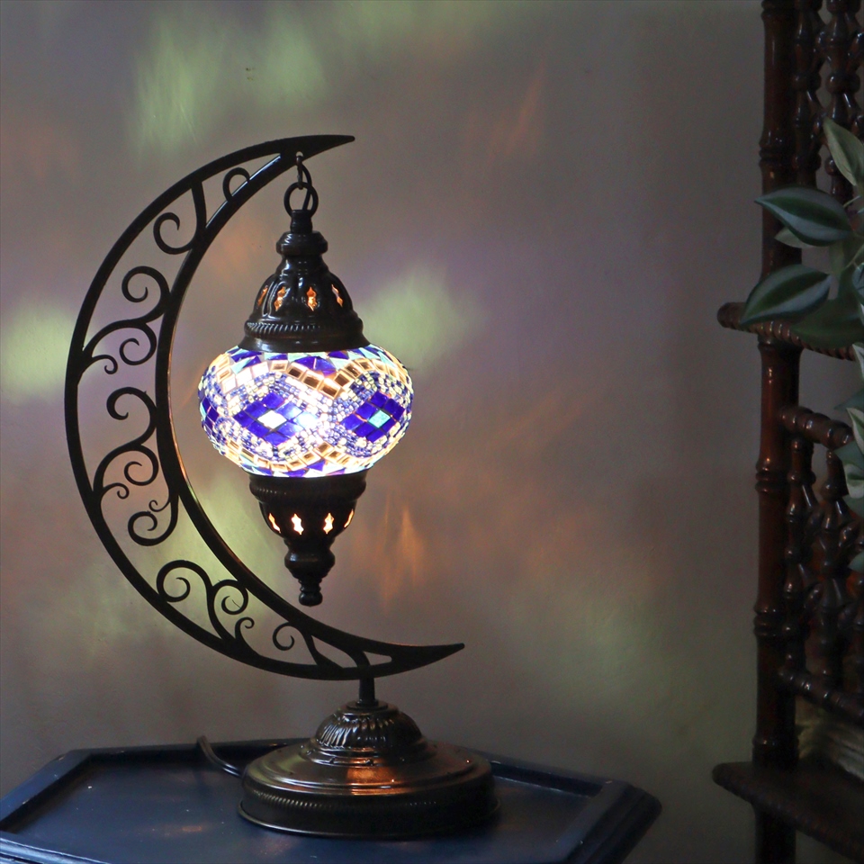 トルコランプ モザイクテーブルランプ クレッセントムーン 高さ41cm ブルー
