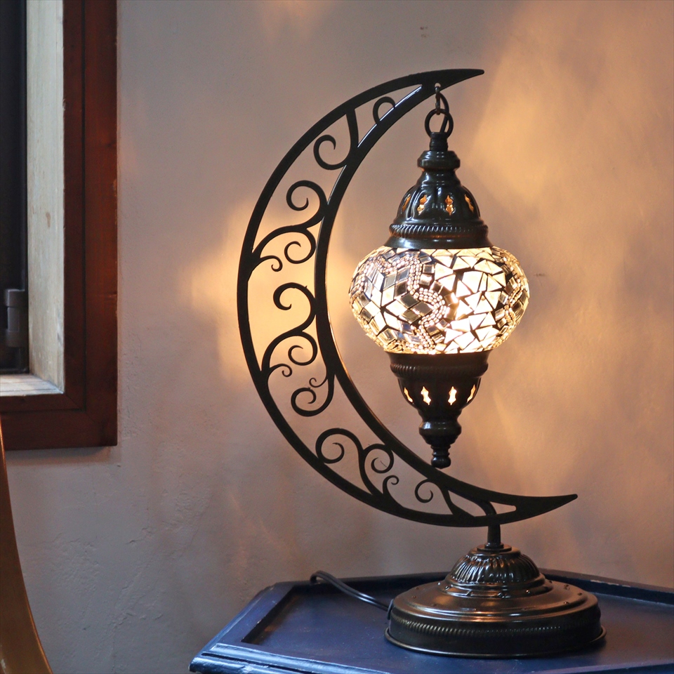 トルコランプ モザイクテーブルランプ クレッセントムーン 高さ41cm ホワイト