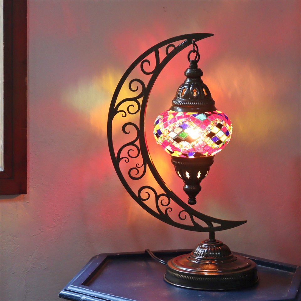 トルコランプ モザイクテーブルランプ クレッセントムーン 高さ41cm ミックスカラー