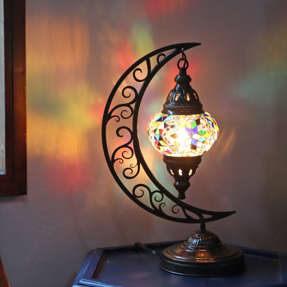 トルコランプ モザイクテーブルランプ クレッセントムーン 高さ41cm ミックスカラー