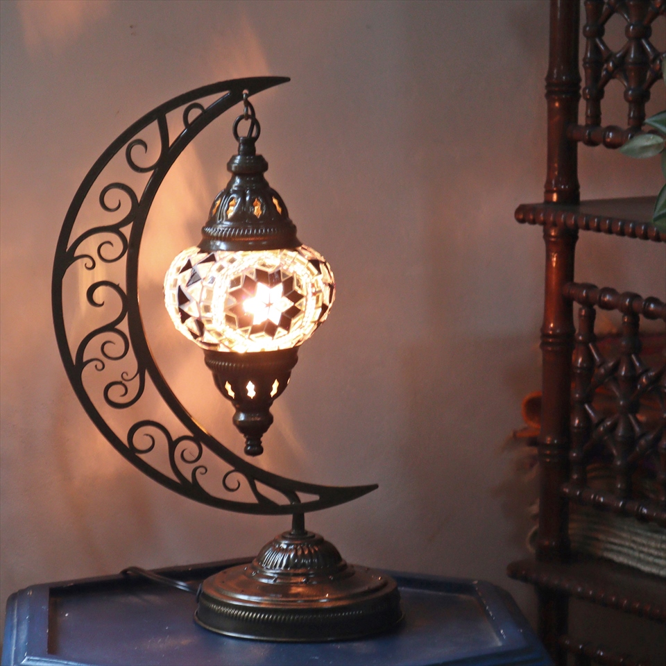 トルコランプ モザイクテーブルランプ クレッセントムーン 高さ41cm パープル