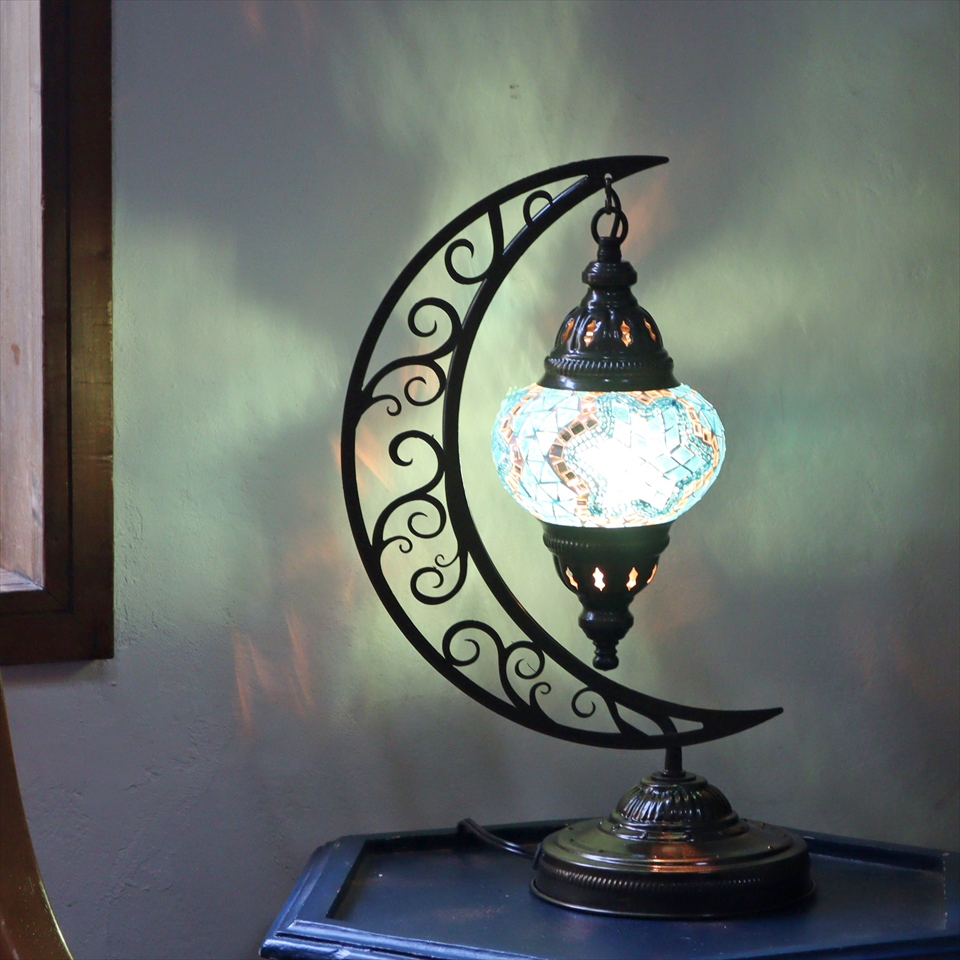 トルコランプ モザイクテーブルランプ クレッセントムーン 高さ41cm ターコイズブルー