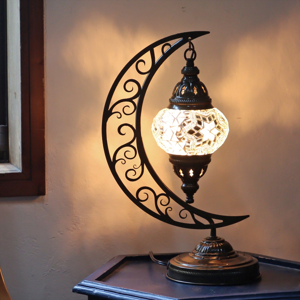 トルコランプ モザイクテーブルランプ クレッセントムーン 高さ41cm ホワイト