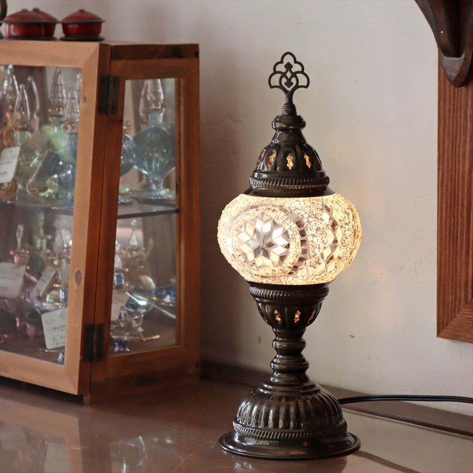 トルコランプ モザイクテーブルランプ 直径13cm 全高36cm ホワイト