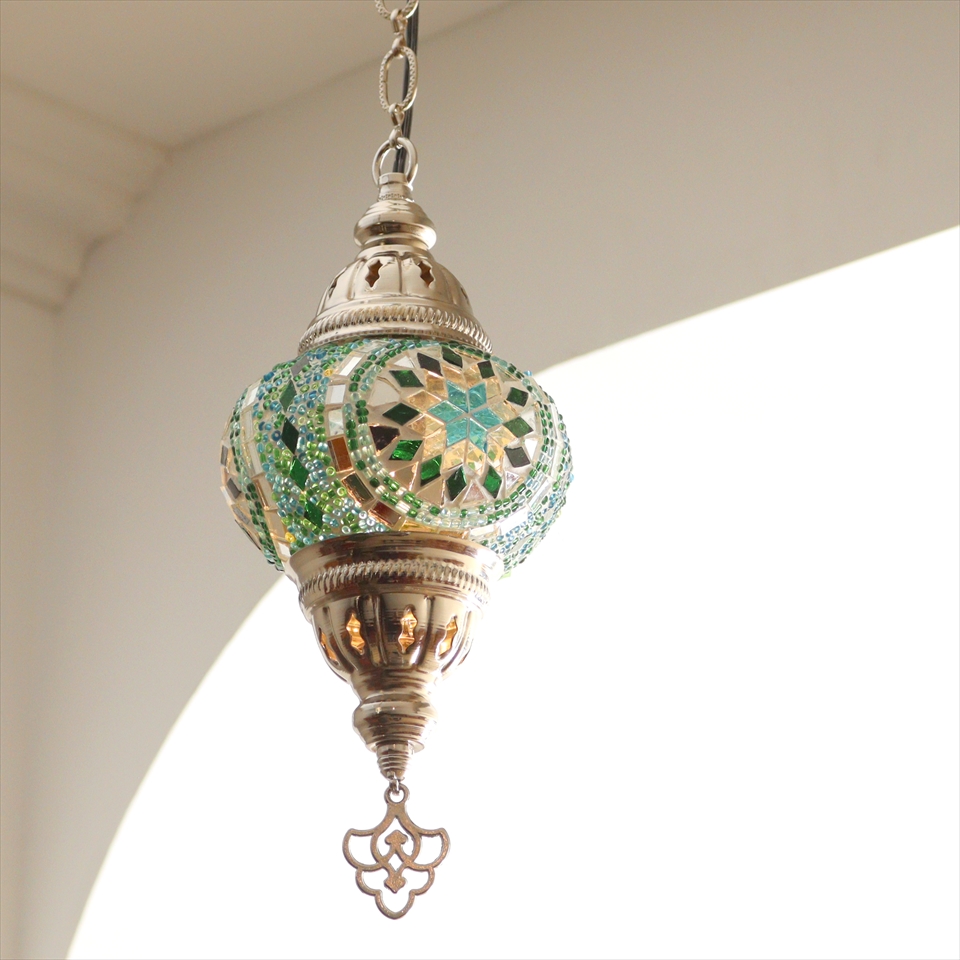 トルコランプ モザイクペンダントランプ 直径13cm 全高67cm ブルー/グリーン シルバーカラーの灯具