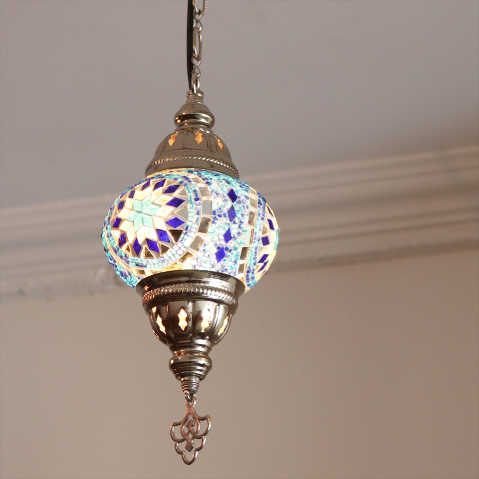 トルコランプ モザイクペンダントランプ 直径13cm 全高67cm ブルー シルバーカラーの灯具
