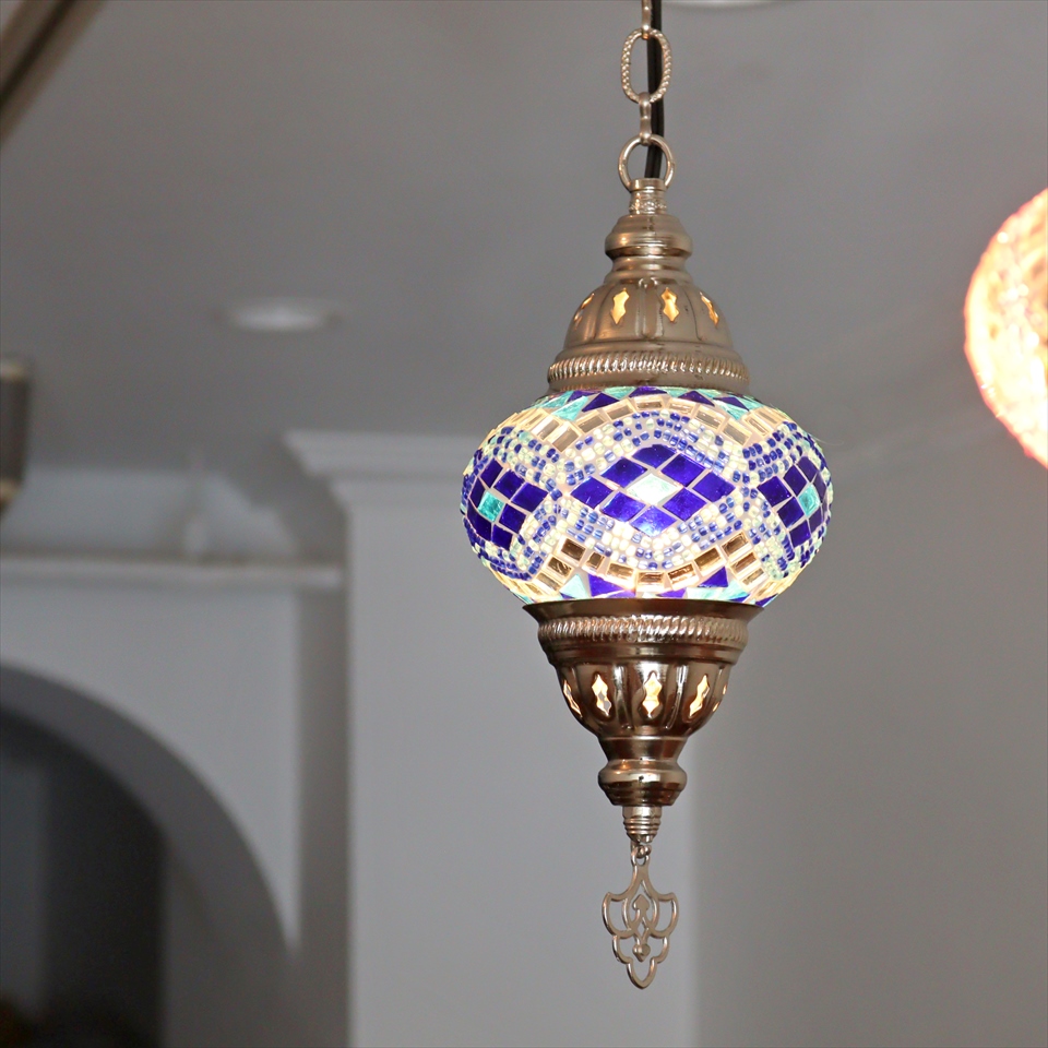 トルコランプ モザイクペンダントランプ 直径13cm 全高67cm ブルー シルバーカラーの灯具