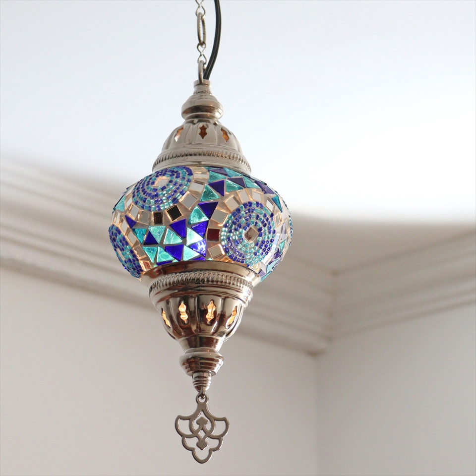 トルコランプ モザイクペンダントランプ 直径13cm 全高67cm ブルー シルバーカラーの灯具