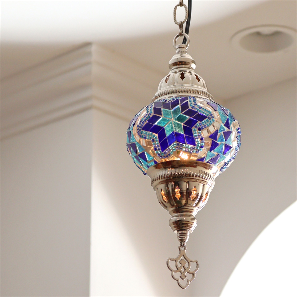 トルコランプ モザイクペンダントランプ 直径13cm 全高67cm ブルー シルバーカラーの灯具