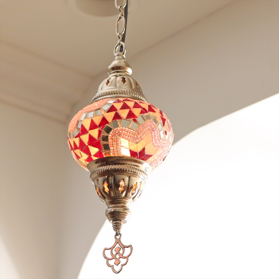 トルコランプ モザイクペンダントランプ 直径13cm 全高67cm ピンク シルバーカラーの灯具