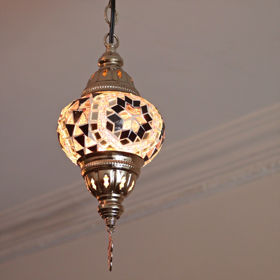 トルコランプ モザイクペンダントランプ 直径13cm 全高67cm パープル シルバーカラーの灯具