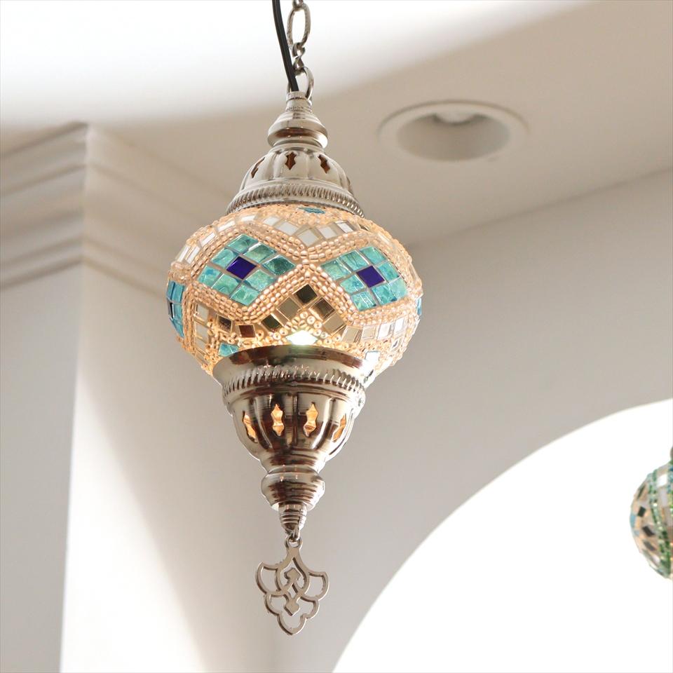 トルコランプ モザイクペンダントランプ 直径13cm 全高67cm ホワイト シルバーカラーの灯具