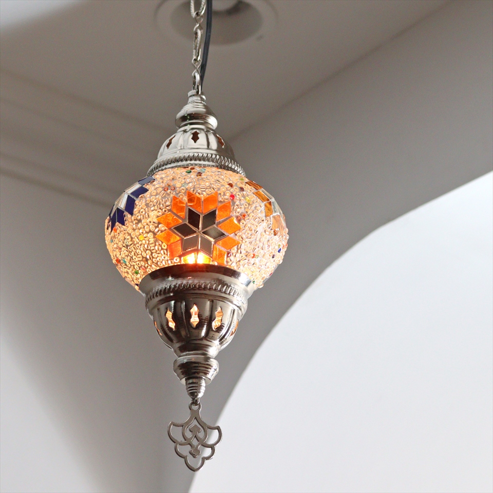 トルコランプ モザイクペンダントランプ 直径13cm 全高67cm ホワイト シルバーカラーの灯具