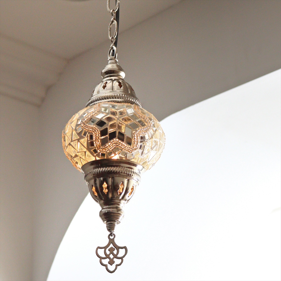 トルコランプ モザイクペンダントランプ 直径13cm 全高67cm ホワイト シルバーカラーの灯具