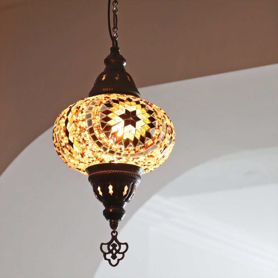トルコランプ モザイクランプ ペンダントランプ 直径16cm アンバー