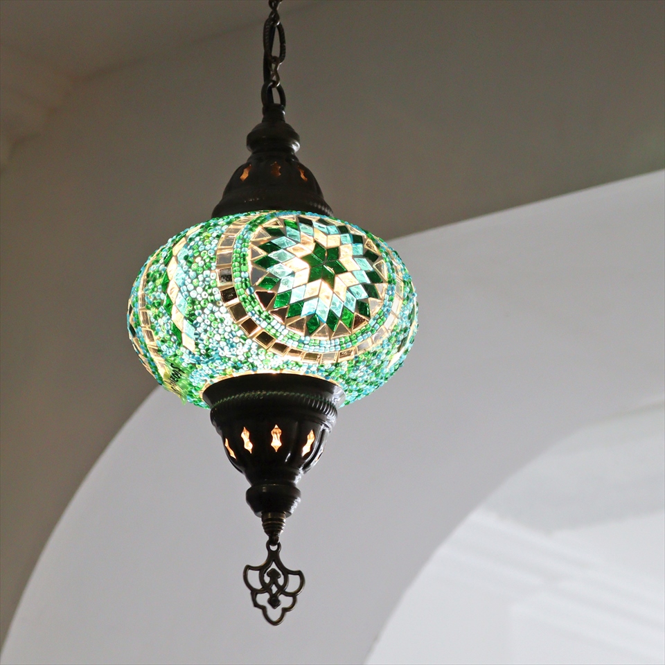 トルコランプ モザイクランプ ペンダントランプ 直径16cm ブルーグリーン