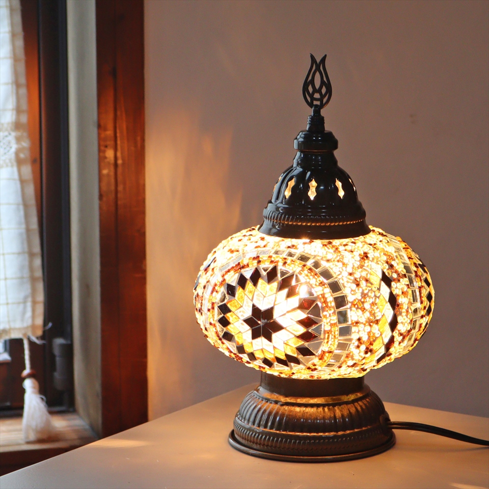 トルコランプ モザイクテーブルランプ 直径16cm 高さ27cm アンバー