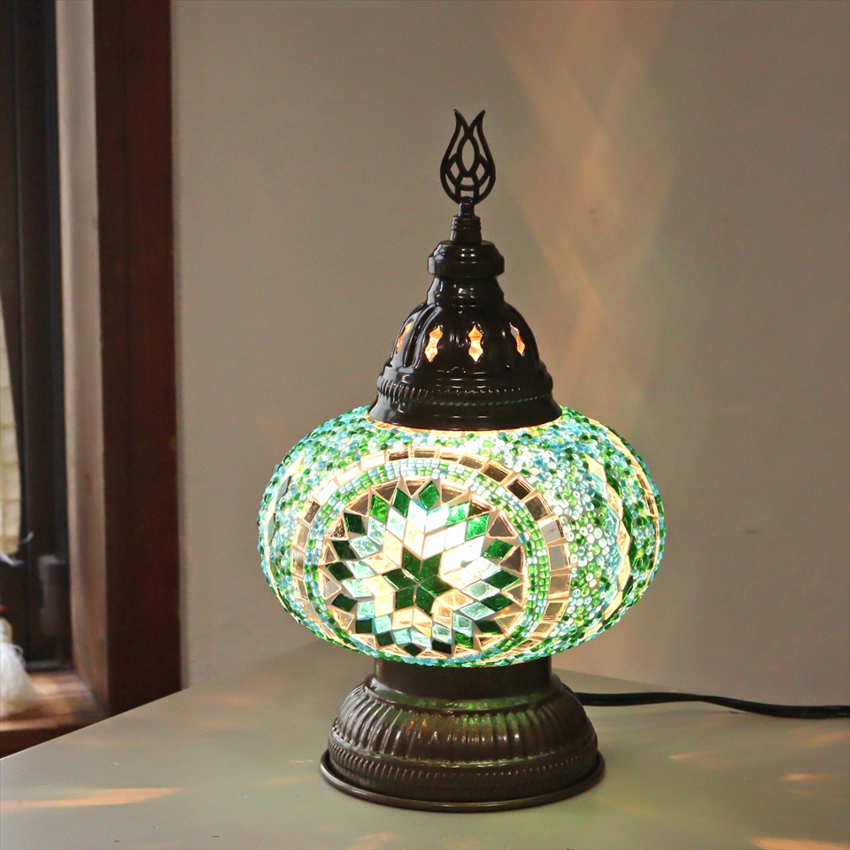 トルコランプ モザイクテーブルランプ 直径16cm 高さ27cm ブルーグリーン