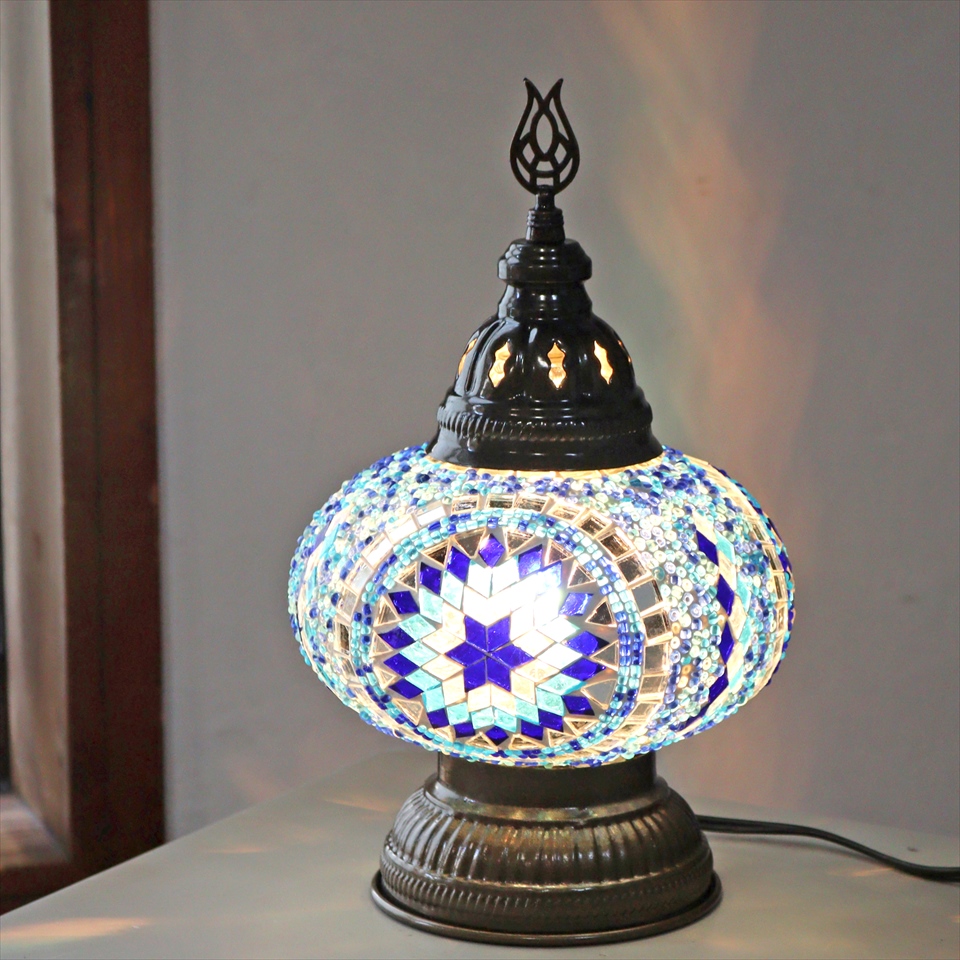 トルコランプ モザイクテーブルランプ 直径16cm 高さ27cm ブルー