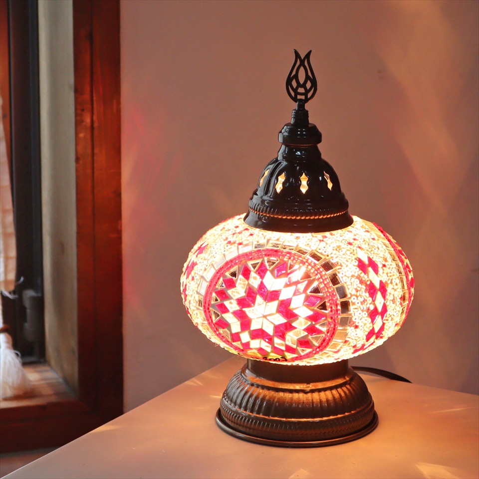 トルコランプ モザイクテーブルランプ 直径16cm 高さ27cm レッド/ホワイト