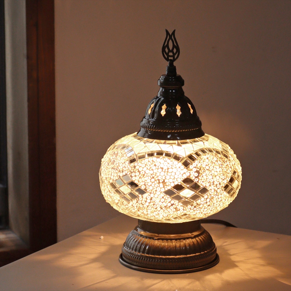 トルコランプ モザイクテーブルランプ 直径16cm 高さ27cm ホワイト