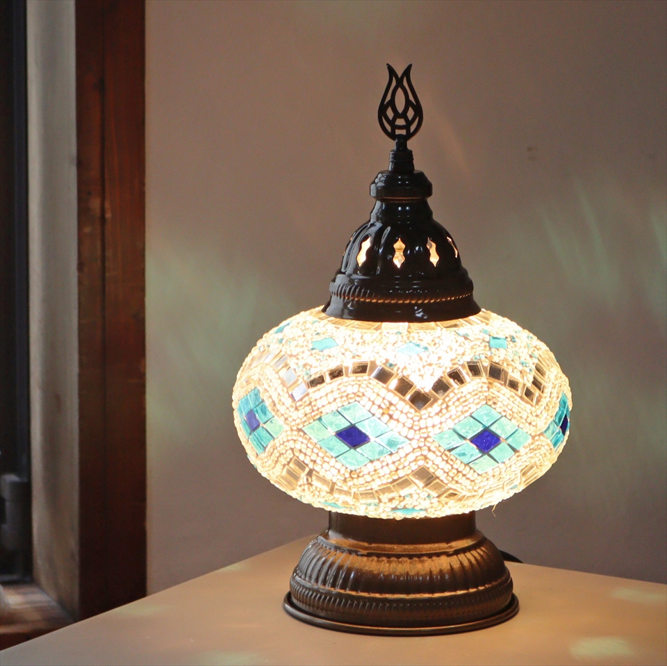 トルコランプ モザイクテーブルランプ 直径16cm 高さ27cm ホワイト/ブルーアーガイル