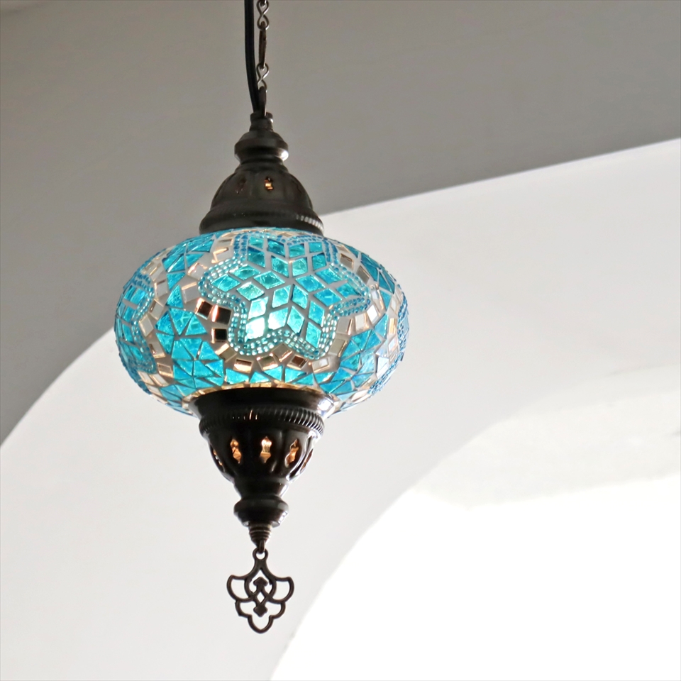 トルコランプ モザイクランプ ペンダントランプ 直径16cm ターコイズブルー