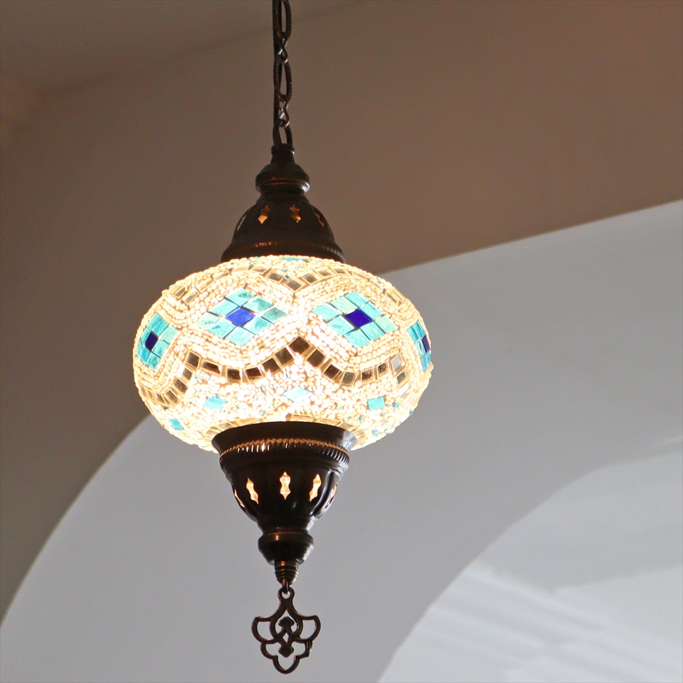 トルコランプ モザイクランプ ペンダントランプ 直径16cm ホワイト/ブルーアーガイル