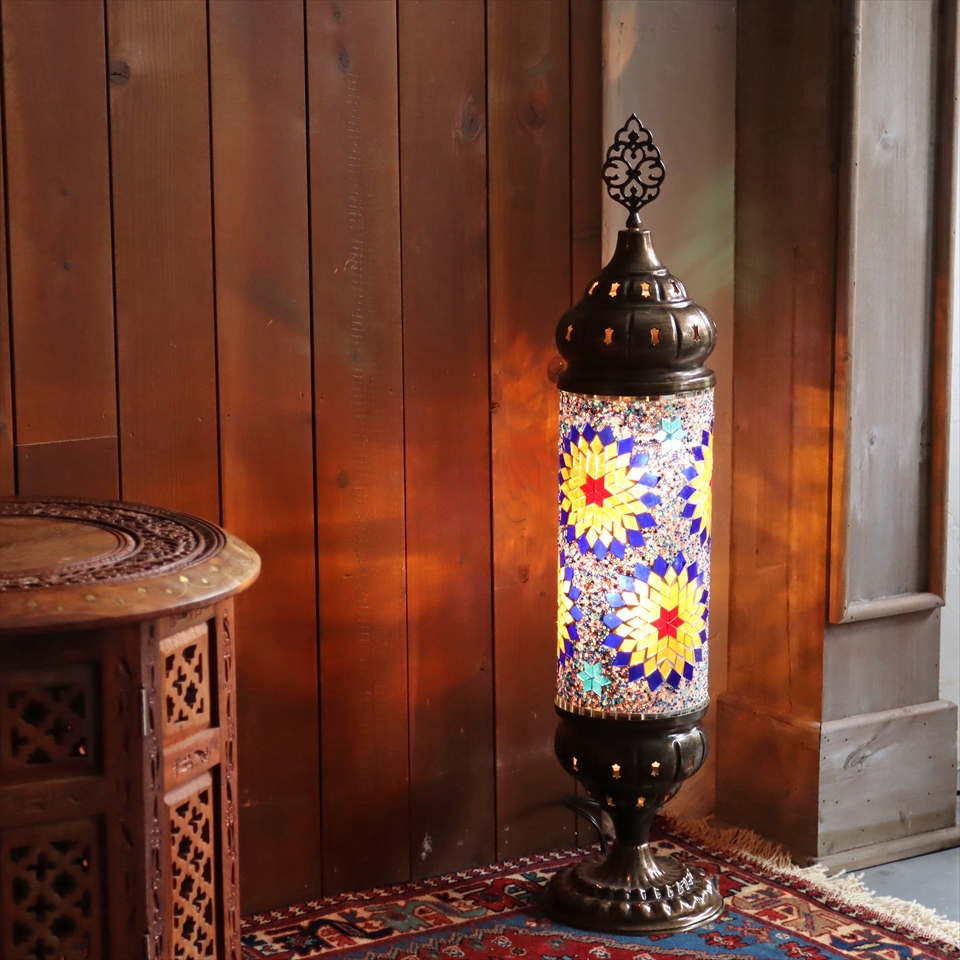 トルコランプ モザイクスタンドランプ シリンダー 全高68cm カラフルフラワー E17/25W