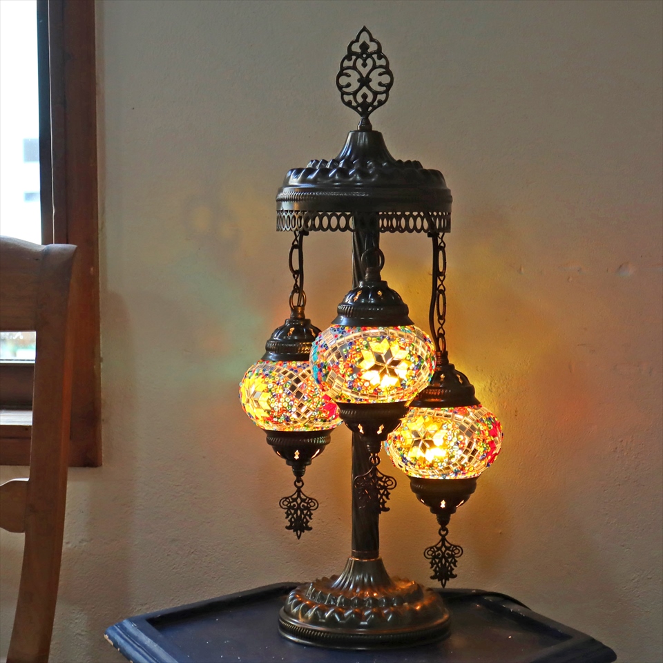 トルコランプ モザイクテーブルランプ シャンデリア 3灯 全高54cm カラフル E17/15W