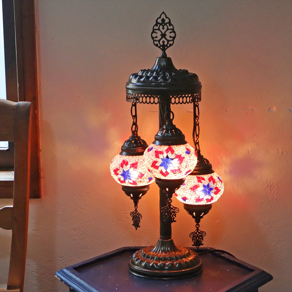 トルコランプ モザイクテーブルランプ シャンデリア 3灯 全高54cm ピンク/パープル E17/15W