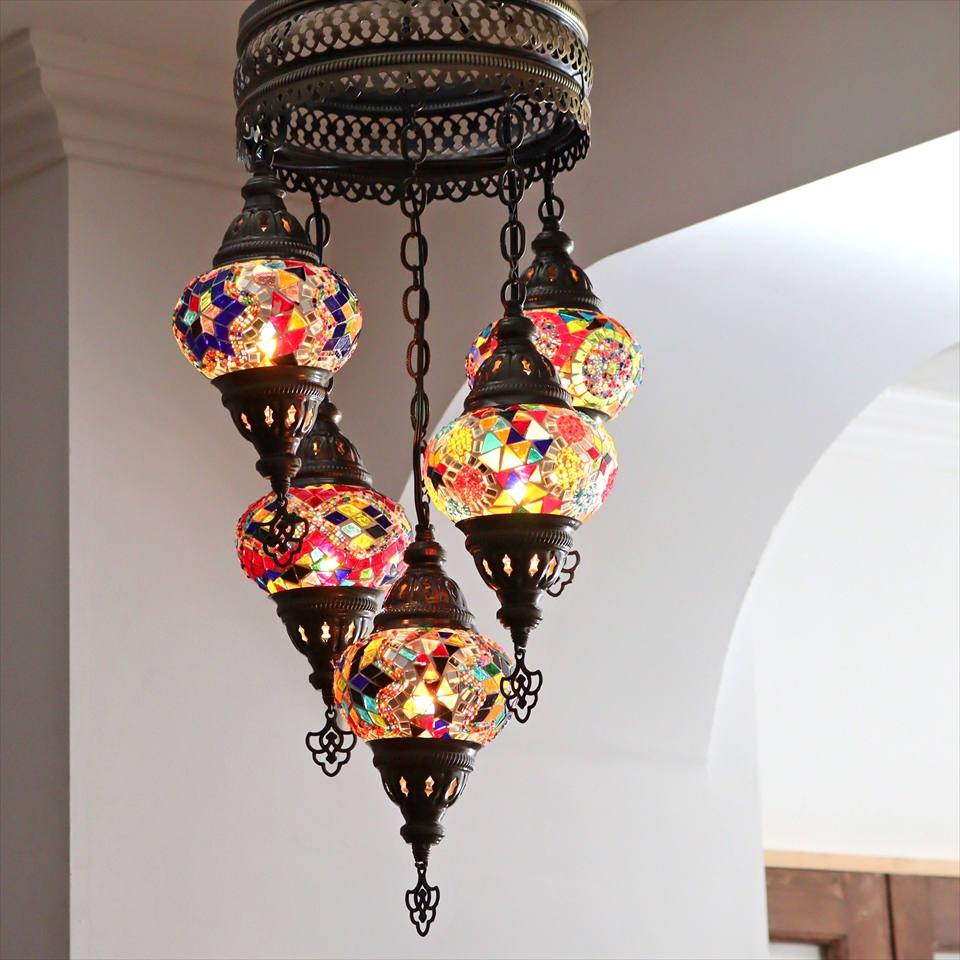 モザイクランプ トルコランプ シャンデリア 5灯 全高86cm 直径36cm ミックスカラー