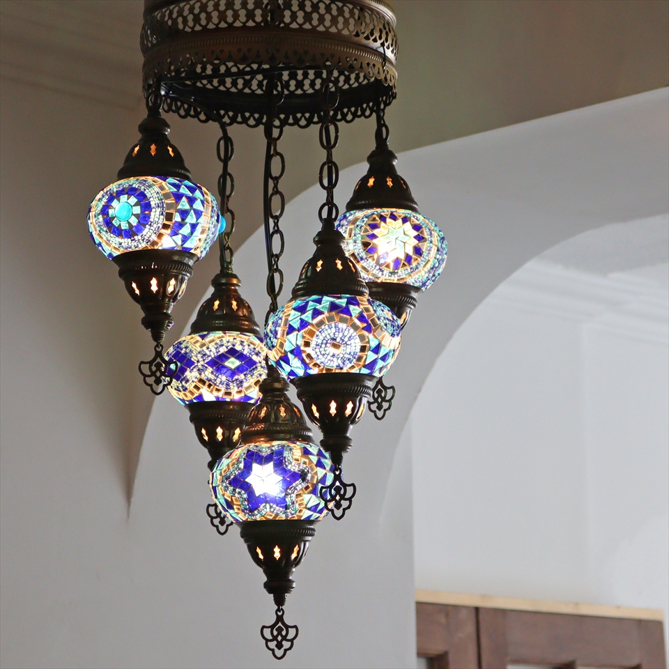 モザイクランプ トルコランプ シャンデリア 5灯 全高86cm 直径36cm ブルーミックス