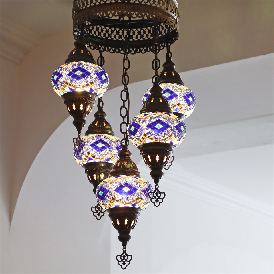 モザイクランプ トルコランプ シャンデリア 5灯 全高86cm 直径36cm ブルー/アーガイル