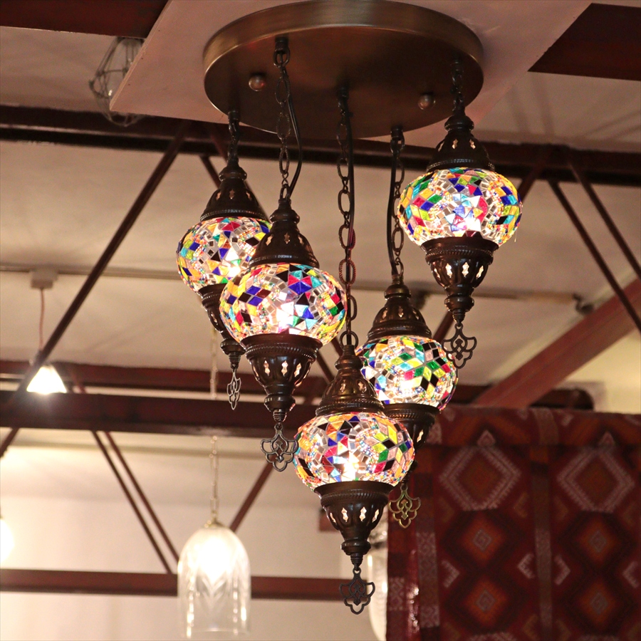 モザイクランプ トルコランプ シャンデリア 5灯 全高60cm 直径40cm カラフル 【天井工事必要】