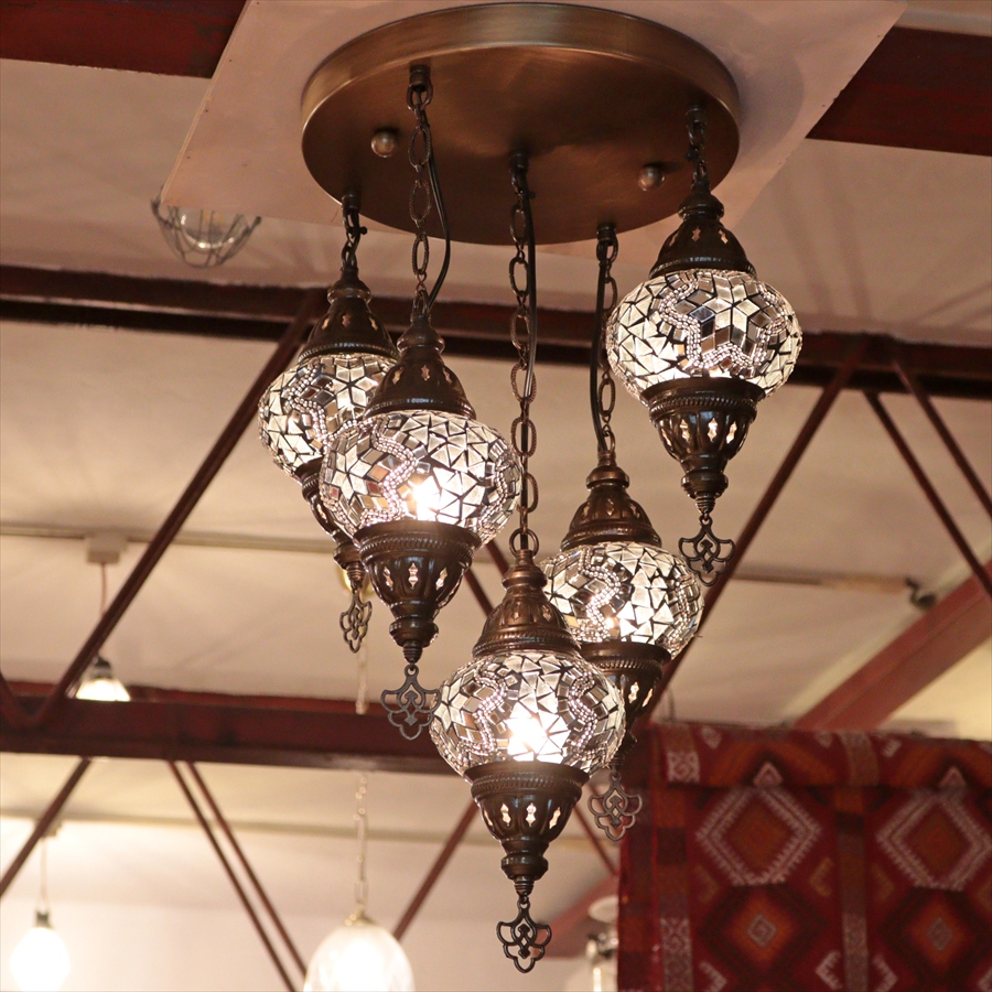 モザイクランプ トルコランプ シャンデリア 5灯 全高60cm 直径40cm ホワイト 【天井工事必要】