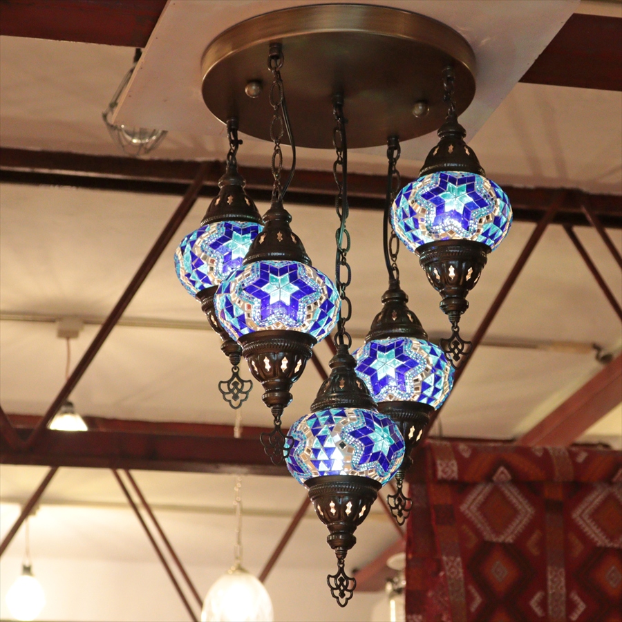 モザイクランプ トルコランプ シャンデリア 5灯 全高60cm 直径40cm ブルー 【天井工事必要】