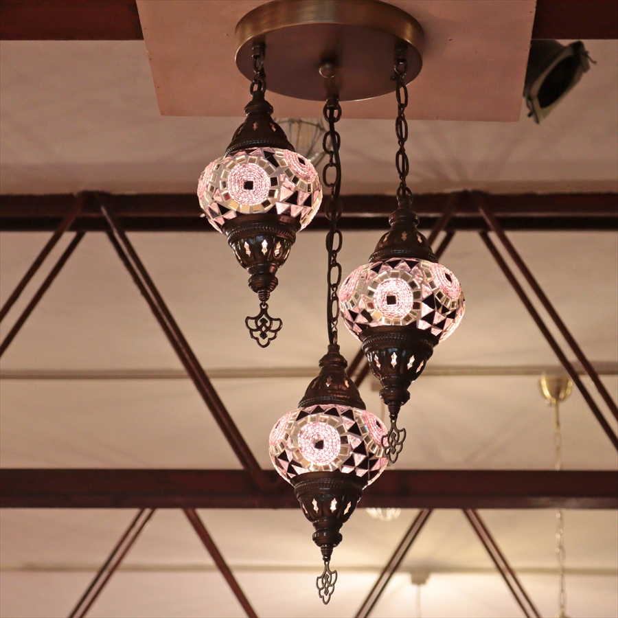 モザイクランプ トルコランプ シャンデリア 3灯 全高60cm 直径27cm パープル 【天井工事必要】