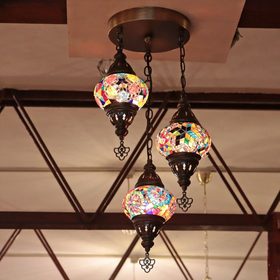 モザイクランプ トルコランプ シャンデリア 3灯 全高60cm 直径27cm カラフルミックス 【天井工事必要】