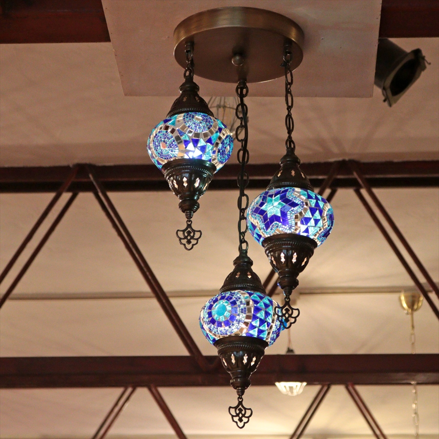 モザイクランプ トルコランプ シャンデリア 3灯 全高60cm 直径27cm ブルー 【天井工事必要】