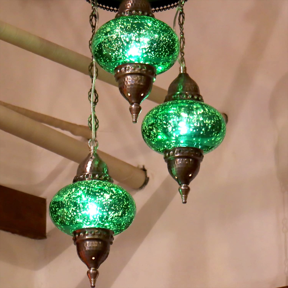 トルコランプ・アンティークフィニッシュ 3灯シャンデリア螺旋/ビンテージガラスランプ グリーン E17 15W　白熱球付き
