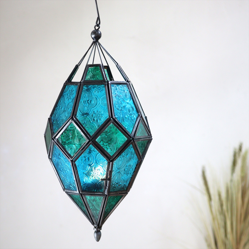 モロッコランタン・キャンドルホルダー　高さ40cm　オリエンタルランプ　ターコイズ多面体のレリーフガラス　Morocco Lantern Candle holder