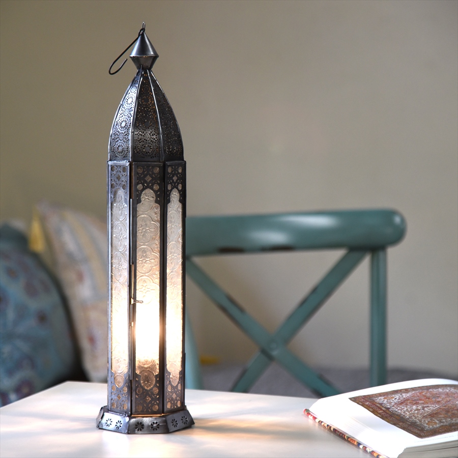 モロッコランタン・テーブルランプ　高さ46cm　オリエンタルランプ８面のレリーフガラス