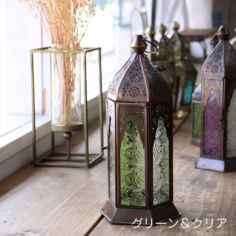 モロッコランタン・キャンドルホルダー　高さ24cm　グリーン6面のレリーフガラス　Morocco Lantern Candle holder
