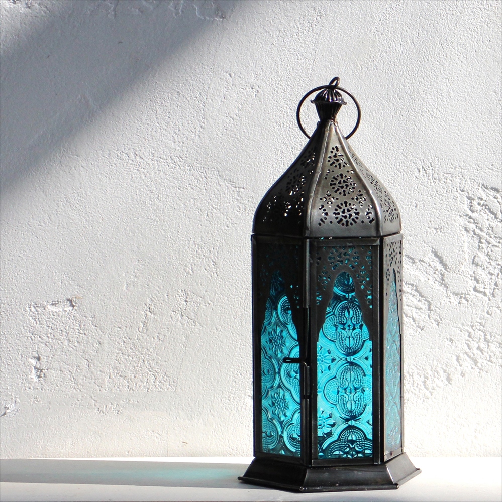 モロッコランタン・キャンドルホルダー　高さ24cm　カラーガラス6面のレリーフガラス　Morocco Lantern Candle holder　ターコイズブルー