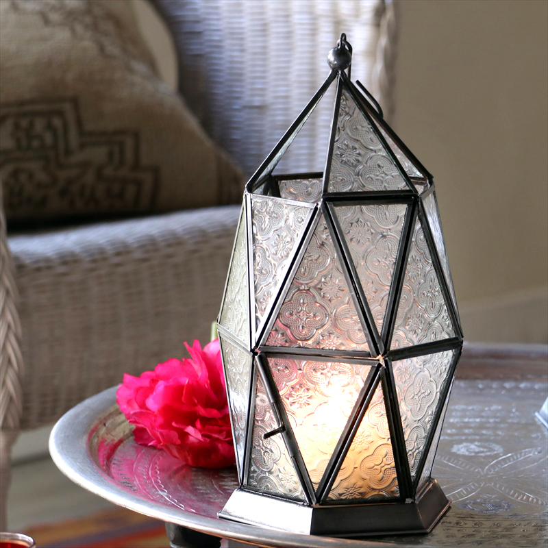 モロッコランタン・キャンドルホルダー　高さ32cm　オリエンタルランプ多面体のレリーフガラス　Morocco Lantern Candle holder