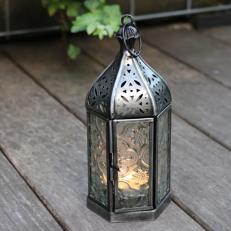 モロッコランタン・キャンドルホルダー　高さ17.5cm　オリエンタルランプ6面のレリーフガラス　Morocco Lantern Candle holder