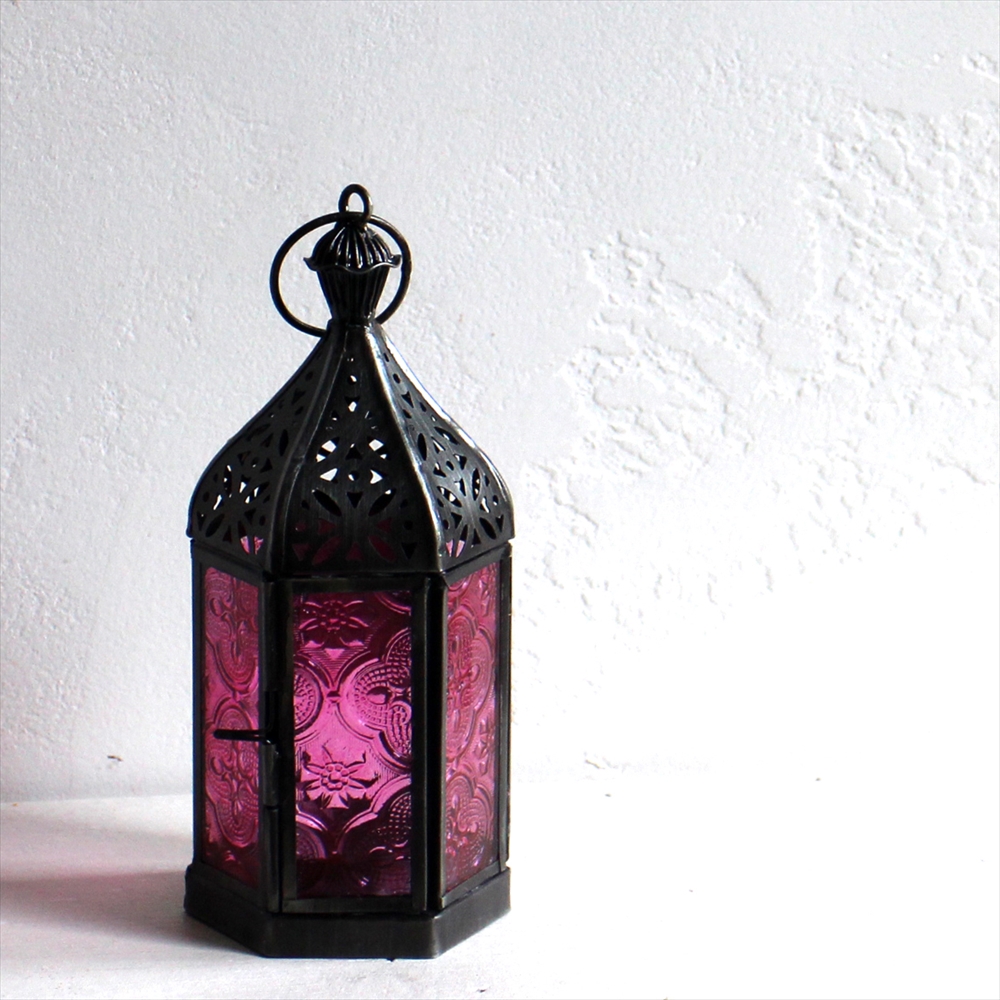 モロッコランタン・キャンドルホルダー　高さ17.5cm　カラーガラス6面のレリーフガラス　Morocco Lantern Candle holder　フューシャピンク
