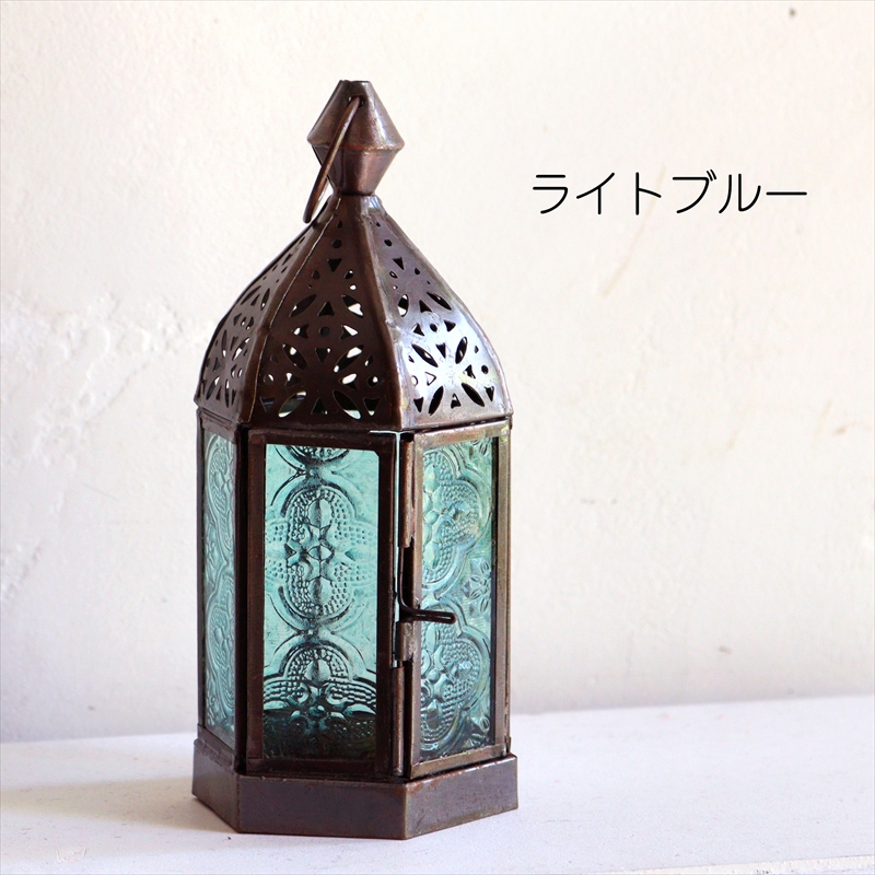 モロッコランタン・キャンドルホルダー　高さ17.5cm　ライトブルー6面のレリーフガラス　Morocco Lantern Candle holder