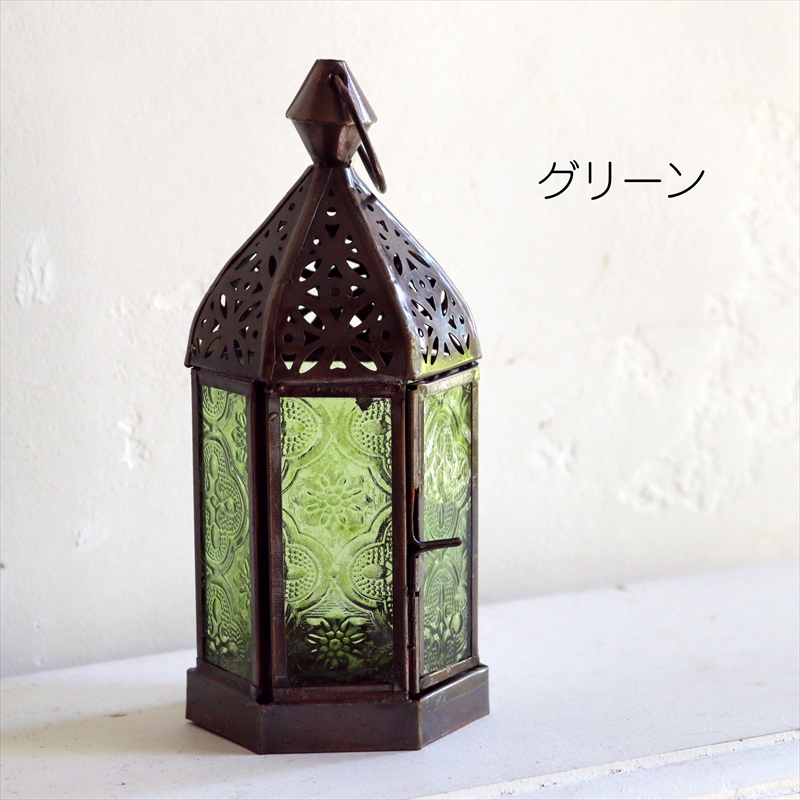 モロッコランタン・キャンドルホルダー　高さ17.5cm　グリーン6面のレリーフガラス　Morocco Lantern Candle holder